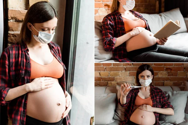 医療用マスクの妊婦のコラージュ本を読んで腹に触れリビングでデジタル温度計を保持 — ストック写真