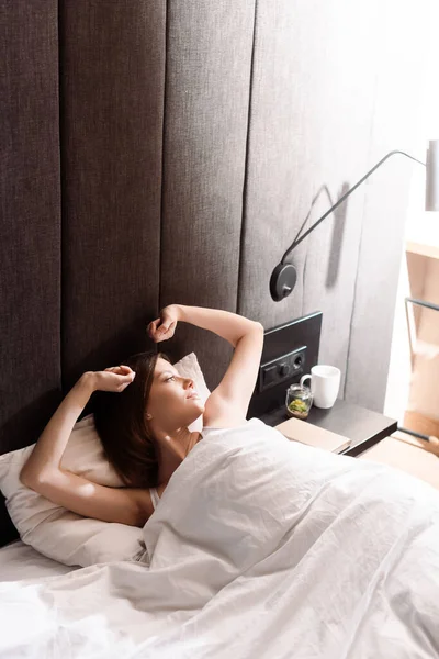 Beautiful Pregnant Woman Stretching Bed — Stock Photo, Image