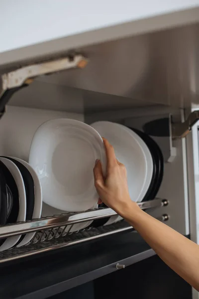 Cropped View Housewife Placing Clean Plate Rack Kitchen — Stock Photo, Image