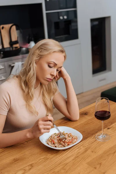 Sad Woman Holding Fork Plate Thai Noodles Glass Red Wine — Stock Photo, Image