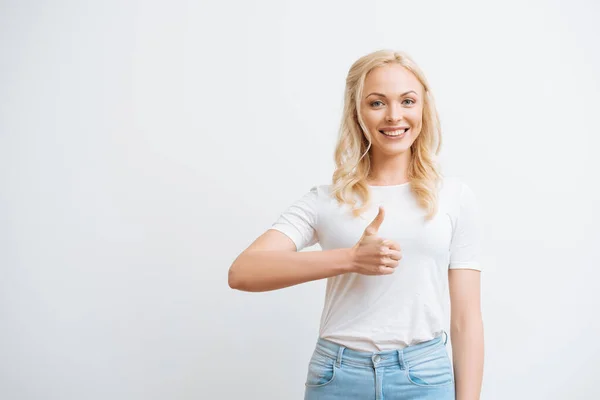 Happy Attractive Girl Showing Thumb While Smiling Camera Isolated White — Stock Photo, Image
