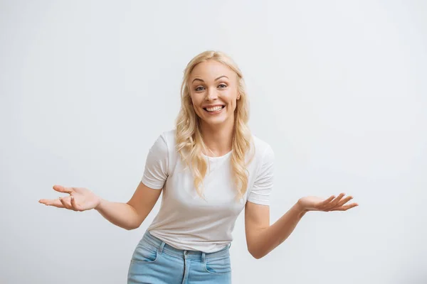 Happy Blonde Woman Smiling Camera While Standing Open Arms Isolated — Stock Photo, Image