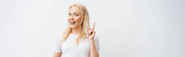 Horizontal Image Smiling Woman Showing Idea Gesture While Looking Camera — Stock Photo, Image