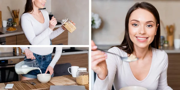 Collage Happy Girl Holding Spoon Container Corn Flakes Pouring Milk — Stock Photo, Image