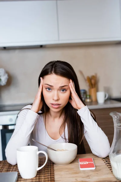 Kyiv Ukraine April 2020 Upset Girl Touching Head Bowl Jug — Stock Photo, Image