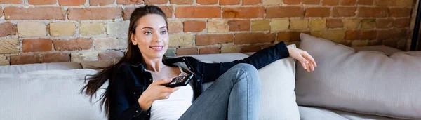 Panoramic Shot Happy Girl Holding Remote Controller — Stock Photo, Image