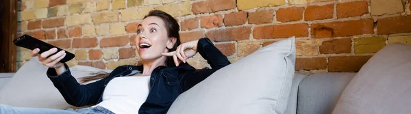 Panoramic Crop Surprised Girl Holding Remote Controller — Stock Photo, Image