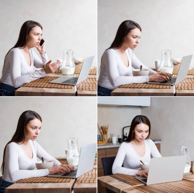 Laptopların ve kahvaltıların yanında akıllı telefondan konuşan serbest çalışan kolaj. 