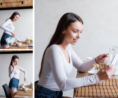 collage of happy girl talking on smartphones, pouring milk in bowls and holding spoon with corn flakes  clipart