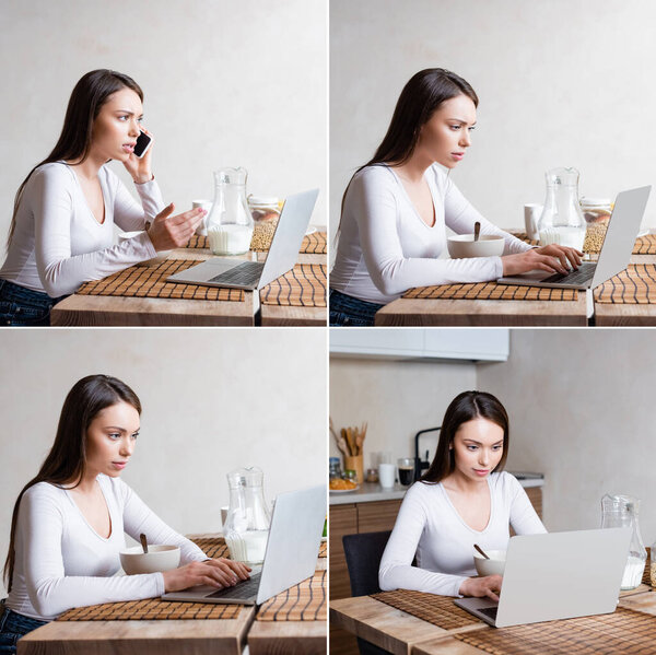 collage of freelancer talking on smartphone near laptops and breakfast 