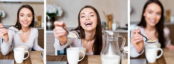 Colagem Feliz Menina Segurando Colheres Com Saborosos Flocos Milho Perto — Fotografia de Stock