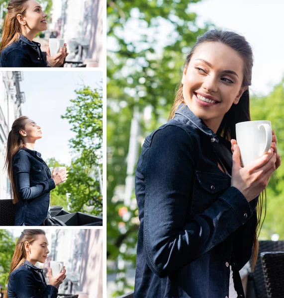 Collage Einer Fröhlichen Jungen Frau Die Draußen Tassen Kaffee Hält — Stockfoto