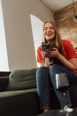 Seçici odak noktası, kırmızı şarap kadehinin yanında sevimli bir kedi tutan neşeli kadın. 