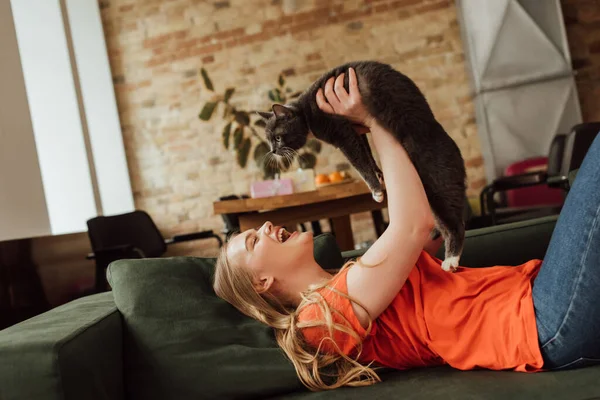 興奮した女がソファに横になって可愛い猫の腕を握って — ストック写真