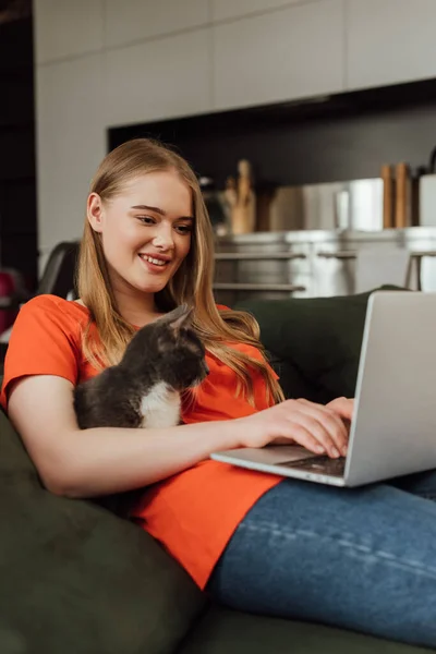 Selektivní Zaměření Šťastný Freelancer Pomocí Notebooku Blízkosti Kočky Obývacím Pokoji — Stock fotografie