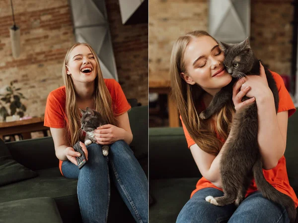 Collage Feliz Mujer Sosteniendo Mando Distancia Riendo Cerca Lindo Gato — Foto de Stock