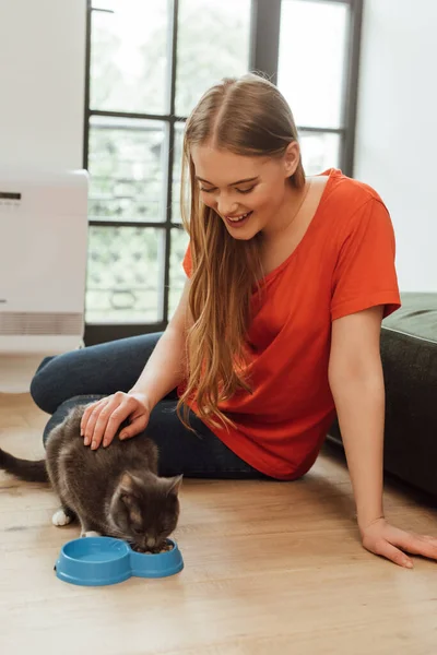 Young Happy Woman Touching Cat Eating Pet Food — Stock Photo, Image