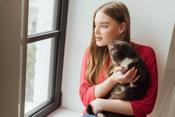 Молода Жінка Тримає Милий Кіт Дивлячись Вікно — стокове фото
