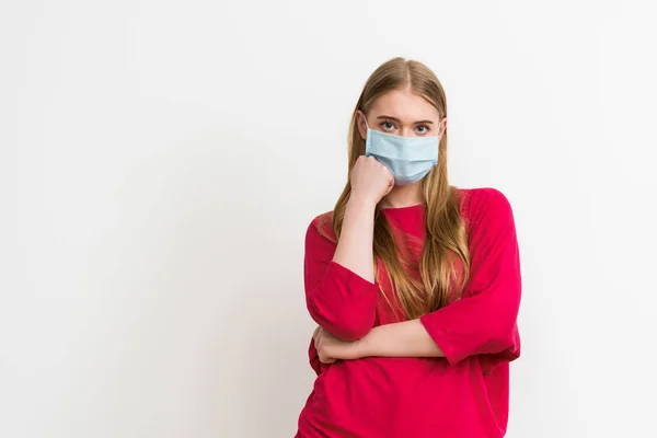 Woman Medical Mask Standing Isolated White — Stock Photo, Image