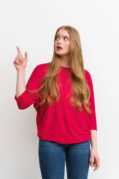 Surprised Girl Pointing Finger While Looking Isolated White — Stock Photo, Image