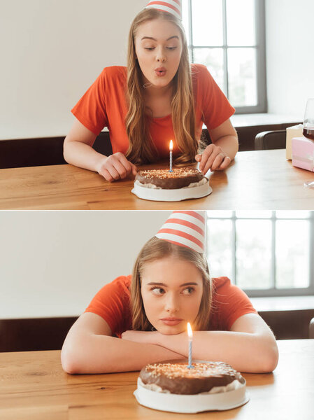 collage of girl in party caps blowing out candle and looking away near birthday cakes
