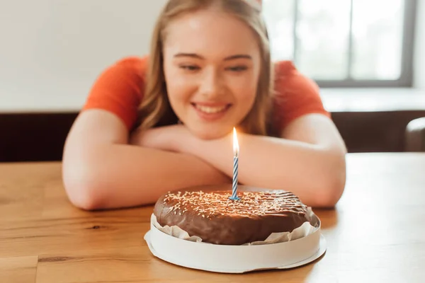 Selective Focus Cheerful Girl Looking Burning Candle Delicious Birthday Cake — Stock Photo, Image
