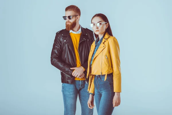 Fashionable couple in leather jackets — Stock Photo