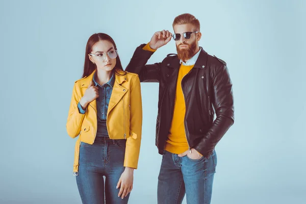 Fashionable couple in leather jackets — Stock Photo