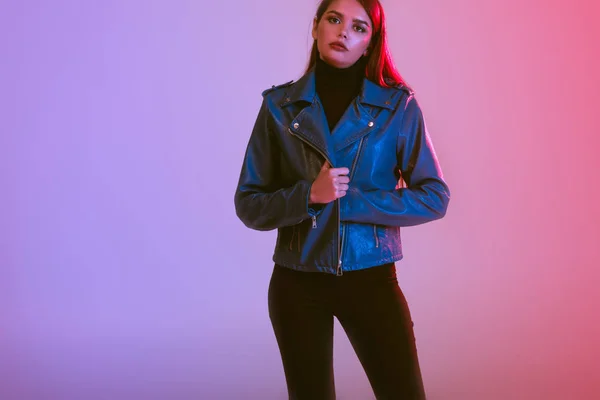 Girl in leather jacket — Stock Photo