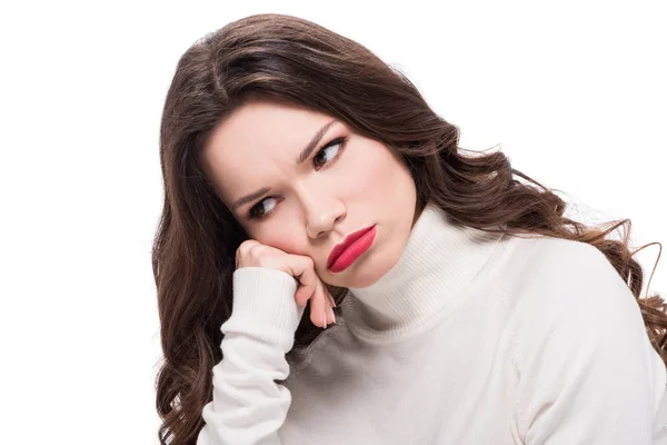 Upset woman with red lipstick — Stock Photo