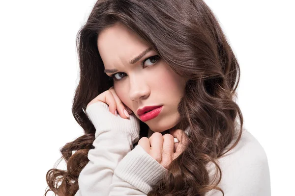 Dissatisfied woman with red lips — Stock Photo