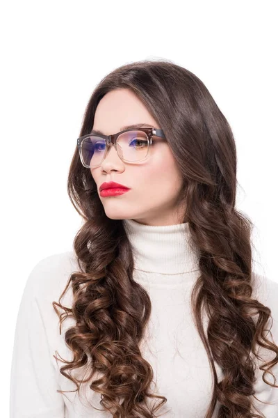 Femme avec des lèvres rouges dans des lunettes — Photo de stock