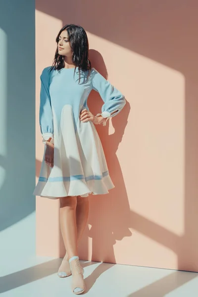 Woman in fashionable turquoise dress — Stock Photo