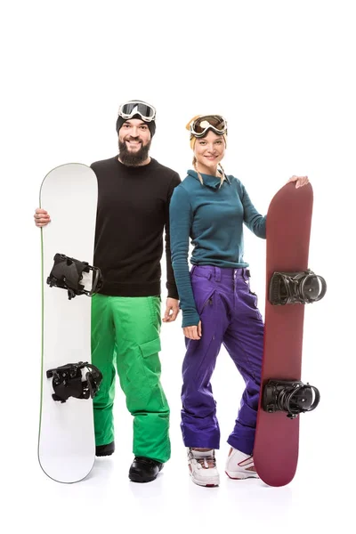 Pareja con snowboarders - foto de stock