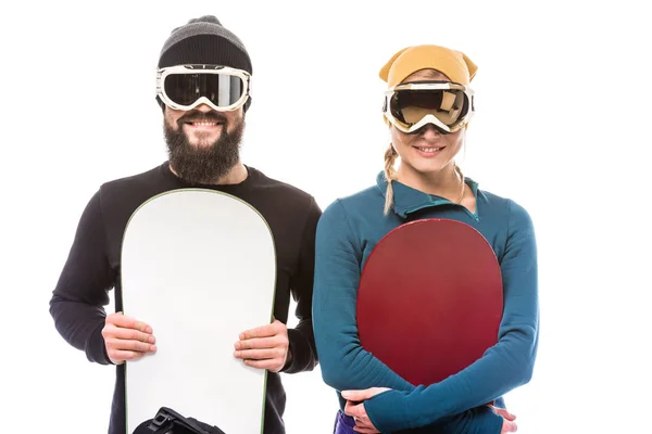 Pareja con snowboarders - foto de stock