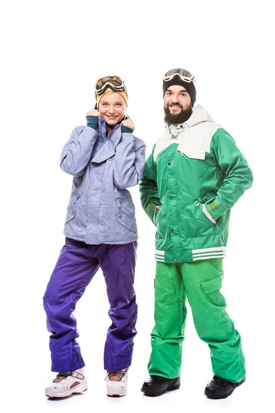 Happy couple in snowboarding costumes — Stock Photo
