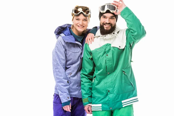 Casal feliz em trajes de snowboard — Fotografia de Stock