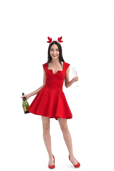 Asiatin im Hirschkostüm mit Champagner — Stockfoto