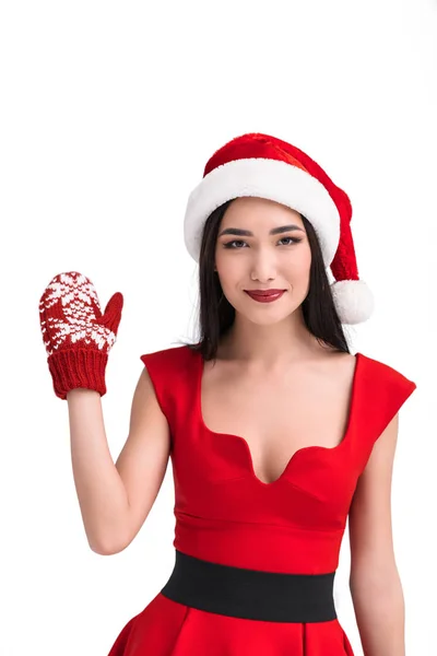Asiatische Frau in Weihnachtsmann-Kostüm und Handschuh — Stockfoto