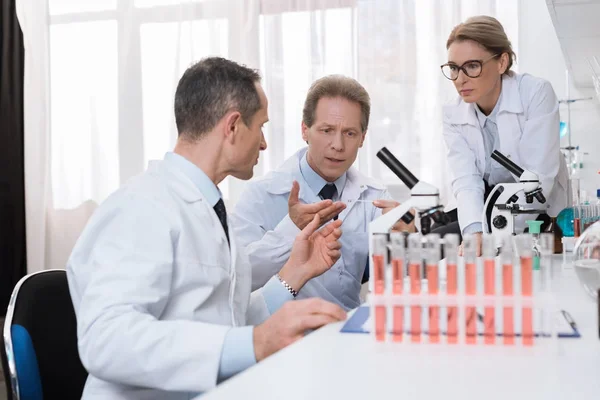 Científicos examinando la muestra - foto de stock