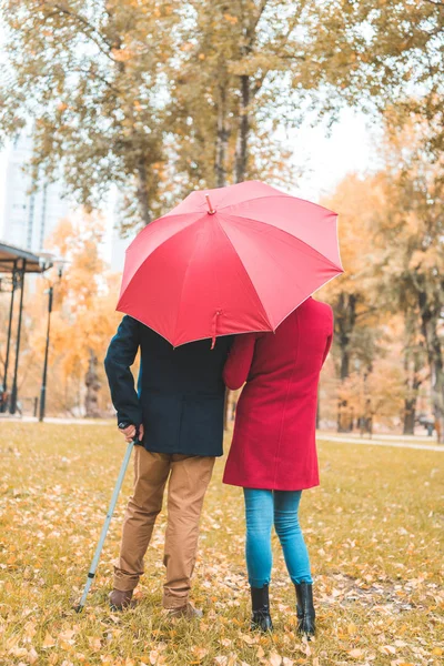 Casal com guarda-chuva no parque de outono — Fotografia de Stock