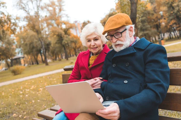 Coppia anziana con computer portatile nel parco — Foto stock