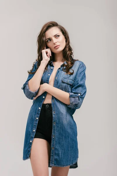 Seductive girl in denim shirt — Stock Photo