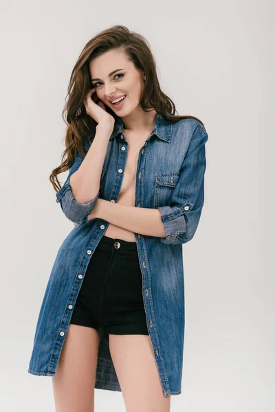 Sexy girl in denim shirt — Stock Photo