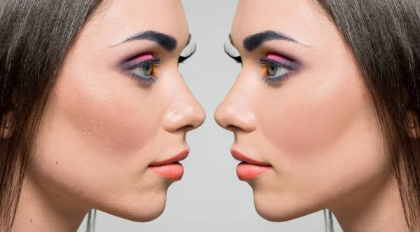 Visage de la femme avant et après retouche — Photo de stock