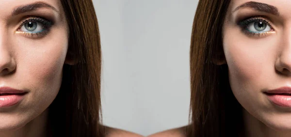 Face of woman before and after retouch — Stock Photo