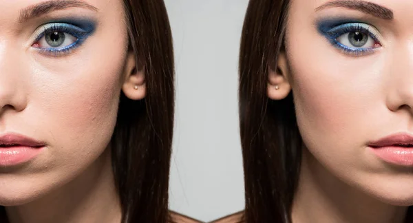 Face of woman before and after retouch — Stock Photo