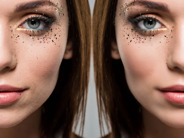 Face of woman before and after retouch — Stock Photo