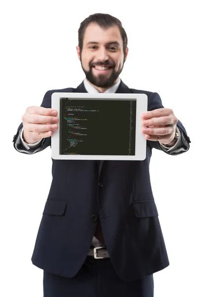 Geschäftsmann mit HTML-Code auf Tablet — Stockfoto