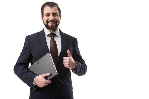 Businessman with folder and thumb up — Stock Photo